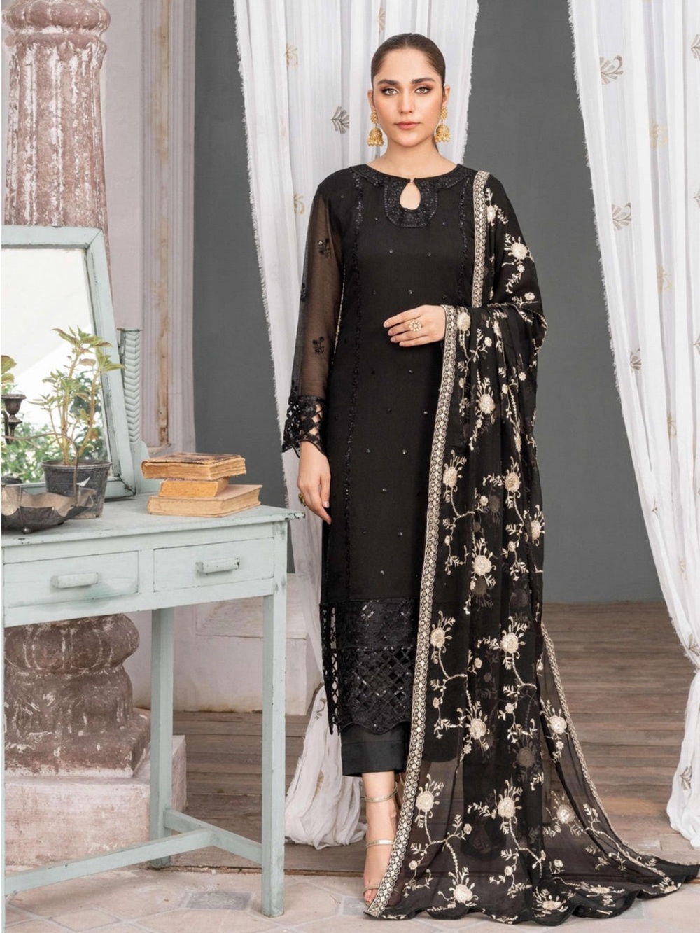 Elegant Black Embroidered Women's Dress with Sheer Sleeves